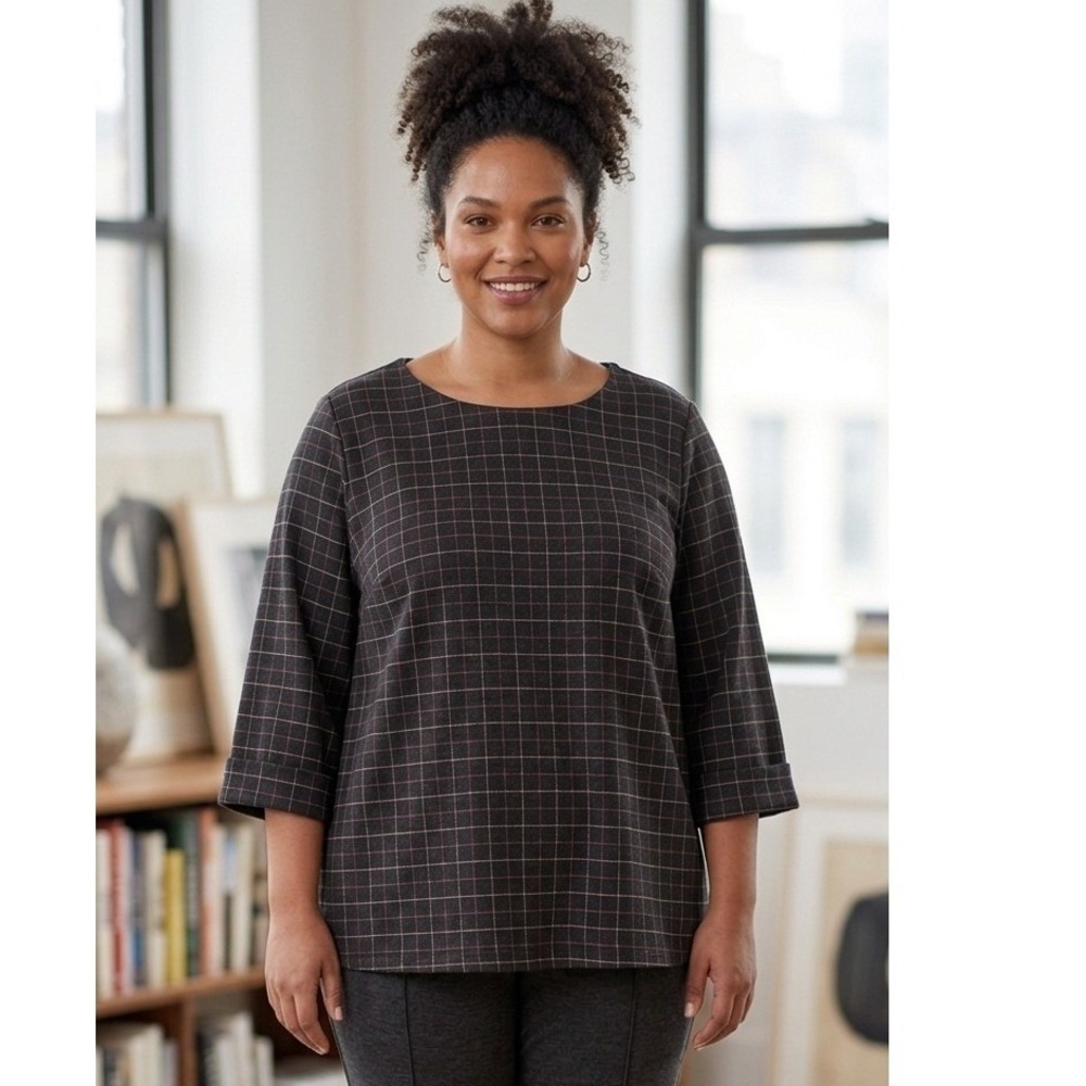 J Jill Ponte Knit‎ Sweater Women Size 3X Black Red Windowpane Glenplaid Pullover